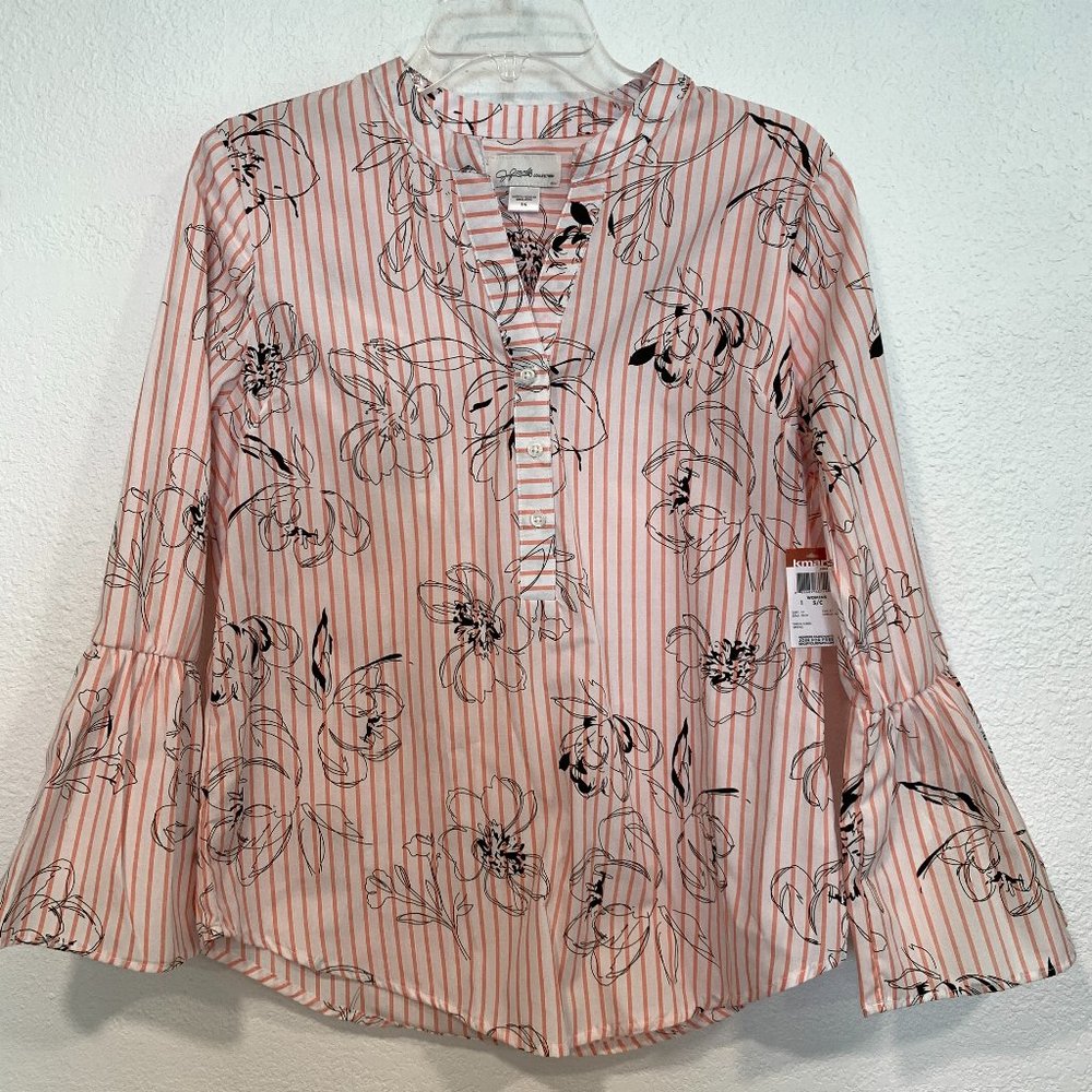 NWT Jaclyn Smith Floral Striped Top Bell Slvs Sz S